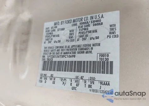 1999 Ford Ranger Xl/Xlt из США, поврежденный, VIN 1FTZR15V7XPC10698